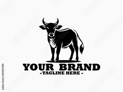 powerful standing bull featuring strong musculature and prominent curved horns. Farm animal bull concept, bull full body vector illustration and bull logo design art