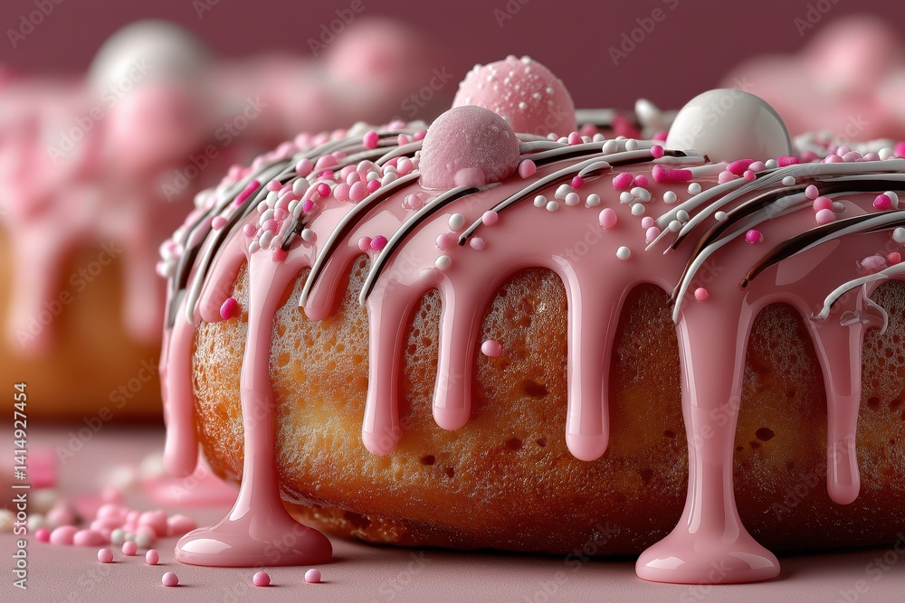 Delicious pink dripping glaze with colorful sprinkles creates a festive dessert background effect