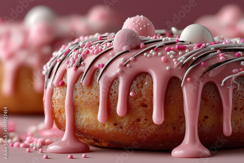 Obraz na płótnie Delicious pink dripping glaze with colorful sprinkles creates a festive dessert background effect w salonie