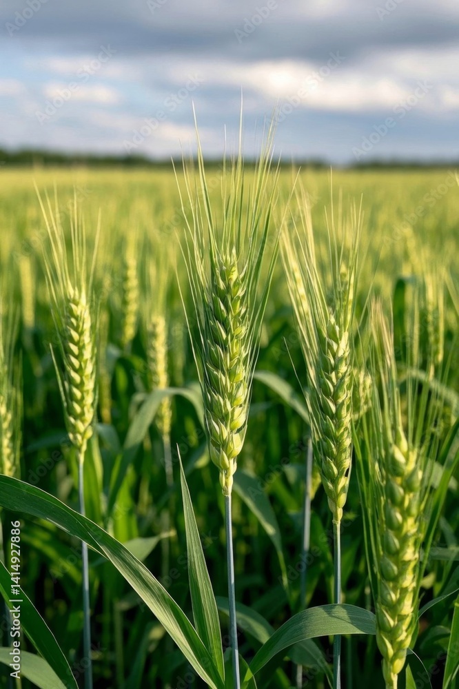 there are many green wheats growing in a field on a sunny day there are many green wheats growing in a field on a sunny day