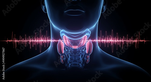 Human throat anatomy with voice wave visualization for medical research