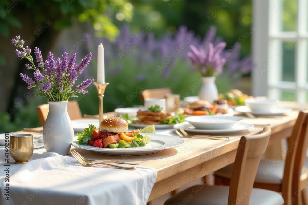 Summertime elegance a delightful outdoor meal featuring a savory mini burger accompanied by a vibrant fruit salad, set against a backdrop of blooming lavender. Summertime elegance a delightful outdoor meal featuring a savory mini burger accompanied by a vibrant fruit salad, set against a backdrop of blooming lavender.