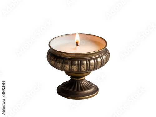 Illuminating Tranquility, A Tea Candle's Gentle Glow in Vintage Holder on a Clean Backdrop, Symbolizing Peace and Introspection with Warm Light and Antique Charm