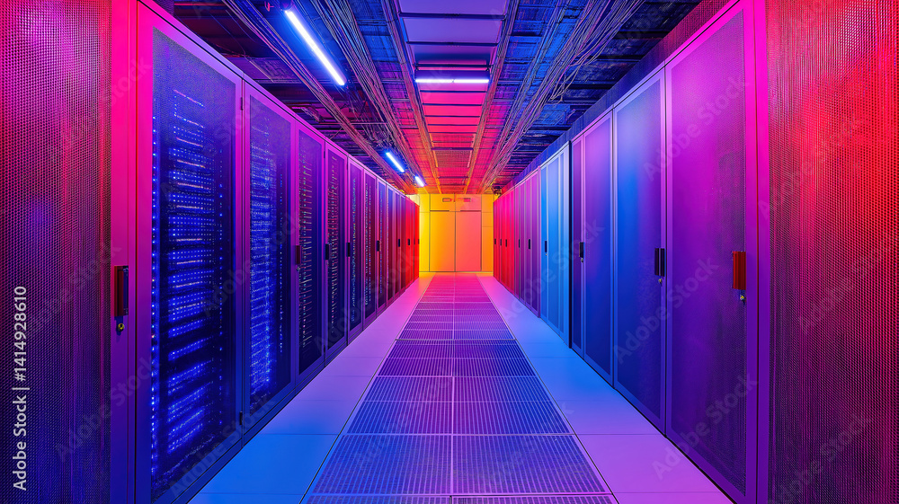 Data center environment featuring indicators showing modern technology and network operations Data center environment featuring indicators showing modern technology and network operations