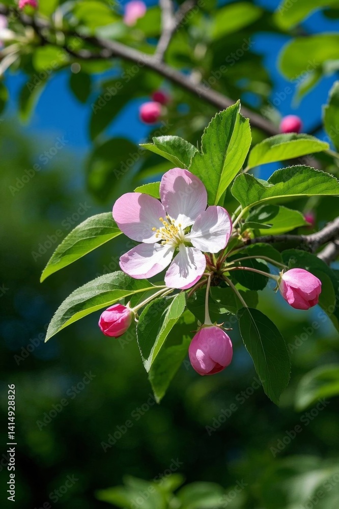 Obraz premium there is a pink flower on a tree branch with green leaves