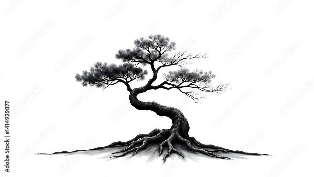 custom made wallpaper toronto digitalDepiction of a bonsai tree with a twisted trunk, sprawling roots, sparse branches, and delicate foliage on a stark white background.
