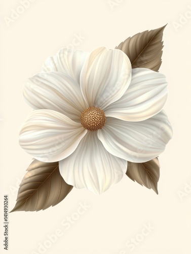 Elegant Magnolia Blossom with Delicate White Petals and Brown Leaves on a Soft Cream Background Artistic Floral Illustration