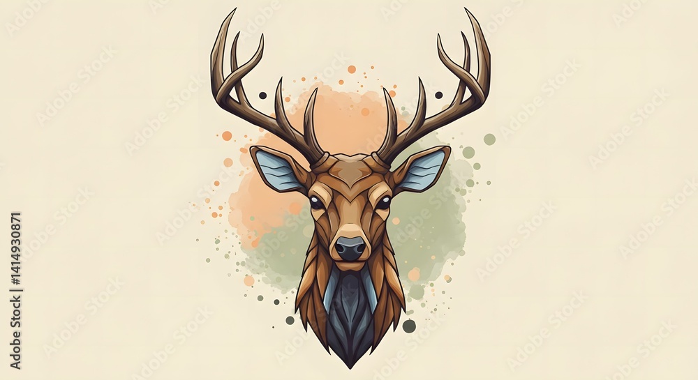 custom made wallpaper toronto digitalIllustrated Deer Head with Antlers and Watercolor Splatter Background