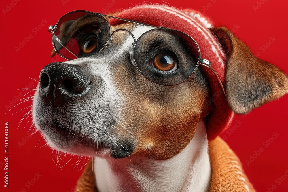 Cool Santa Claus dog wearing sunglasses and a festive hat on a bright red background brings holiday cheer