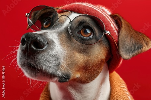 Obraz na płótnie Cool Santa Claus dog wearing sunglasses and a festive hat on a bright red background brings holiday cheer w salonie