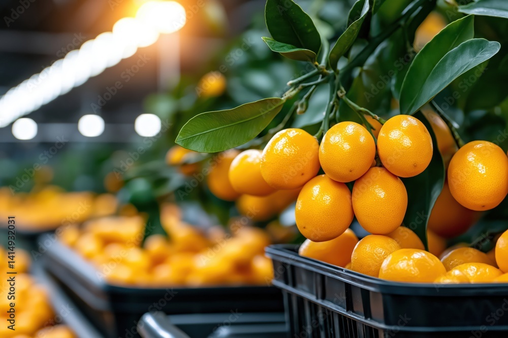 Kumquat fruits shine in sunlight on branches of a citrus tree in an organic garden setting