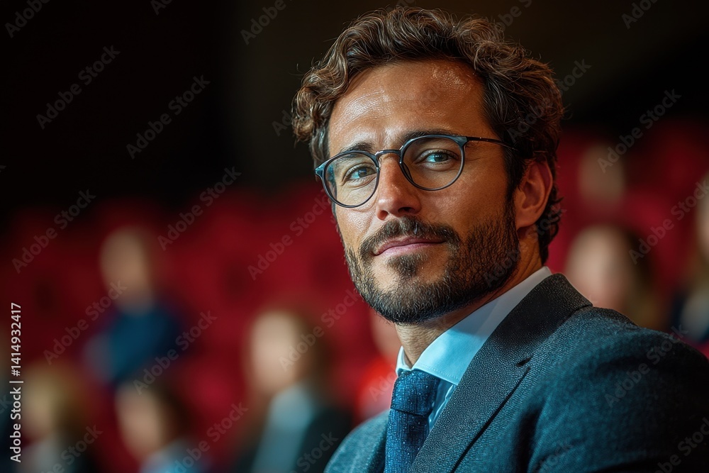 Fototapeta premium Man in formal attire with glasses seated in an auditorium during a conference event, engaging with the audience and looking thoughtful