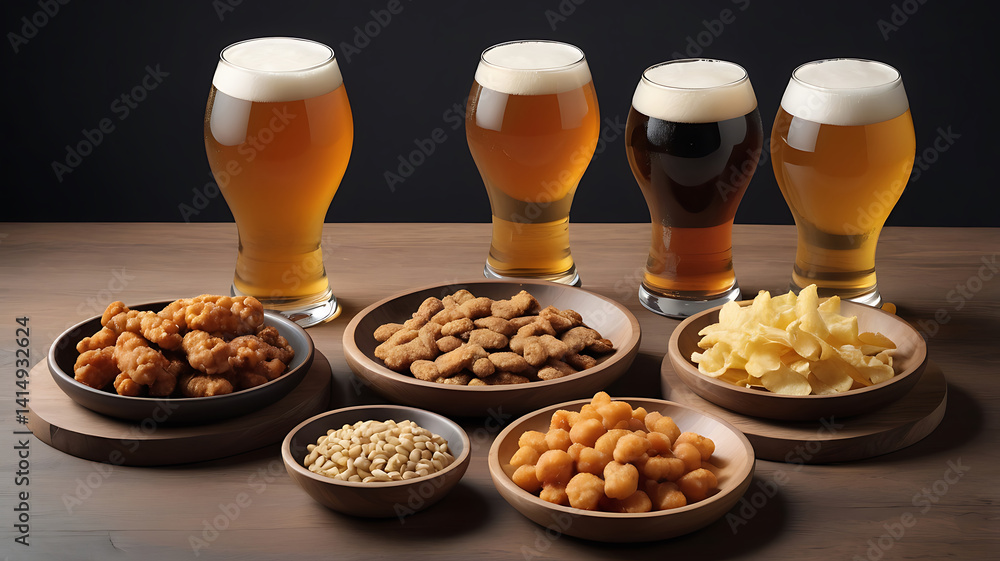 Craft glasses of cold beer sampler with small plates of fresh food that match the grain type or Oktoberfest beer flavor in the background. Craft glasses of cold beer sampler with small plates of fresh food that match the grain type or Oktoberfest beer flavor in the background.