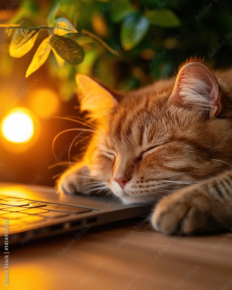 Freelancing in a serene workspace with a cat companion resting by the laptop