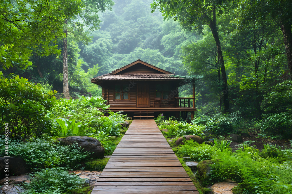 Secluded wooden cabin nestled in a lush, misty forest, accessed by a wooden boardwalk Secluded wooden cabin nestled in a lush, misty forest, accessed by a wooden boardwalk