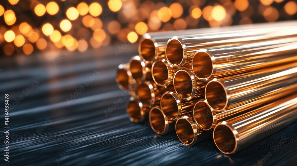 Close-up view of stacked iron, steel, and chrome pipes used for industrial plumbing and construction projects
