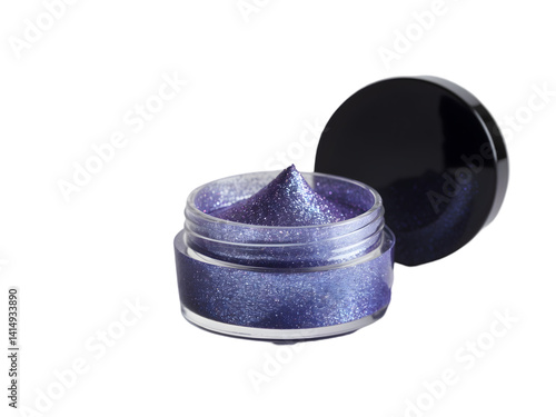Obraz na płótnie Mesmerizing Glitter Makeup, A Luxurious Pot of Shimmering Beauty on a Clean White Surface Showcasing Cosmetic Artistry and Alluring Sparkle for Creative Expression w salonie