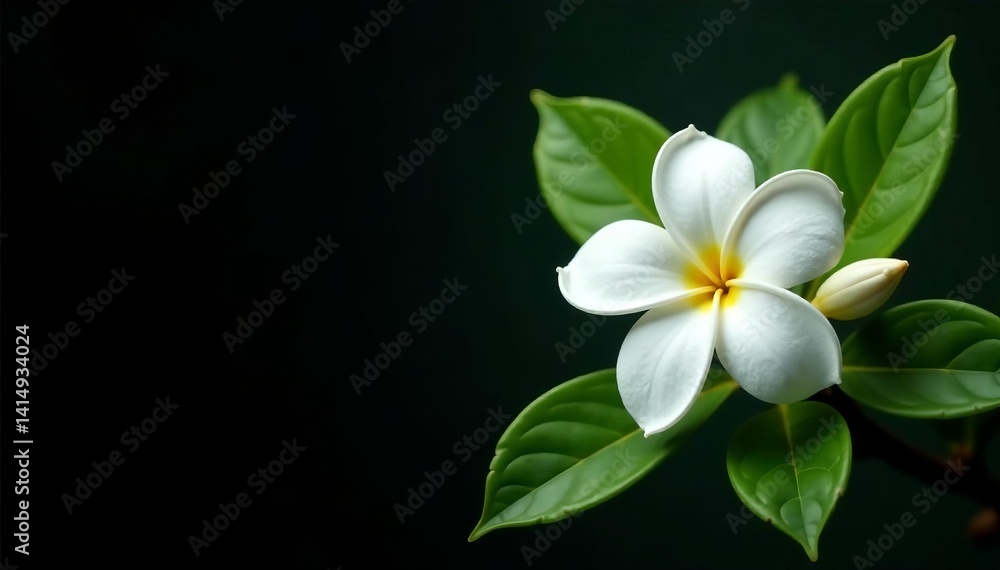 Obraz premium Beautiful jasmine blossom with shiny green foliage on black backdrop , shiny, blossom