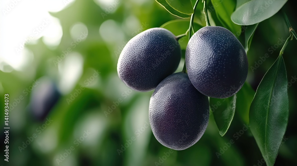Fresh ripe kumquat fruits hanging from a citrus tree branch in a vibrant organic garden