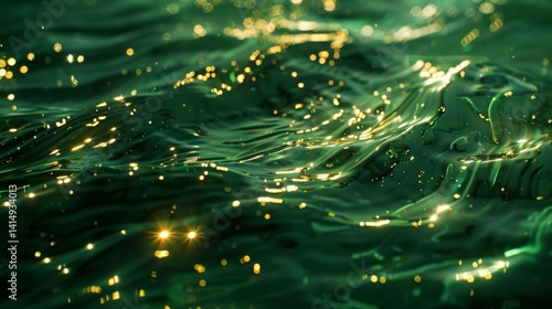 Emerald Water Texture: Abstract Green Waves With Golden Light Sparkles Background