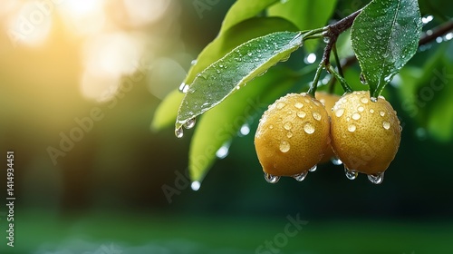Refreshing morning view of lemon tree branch with ripe fruits glistening with dewdrops