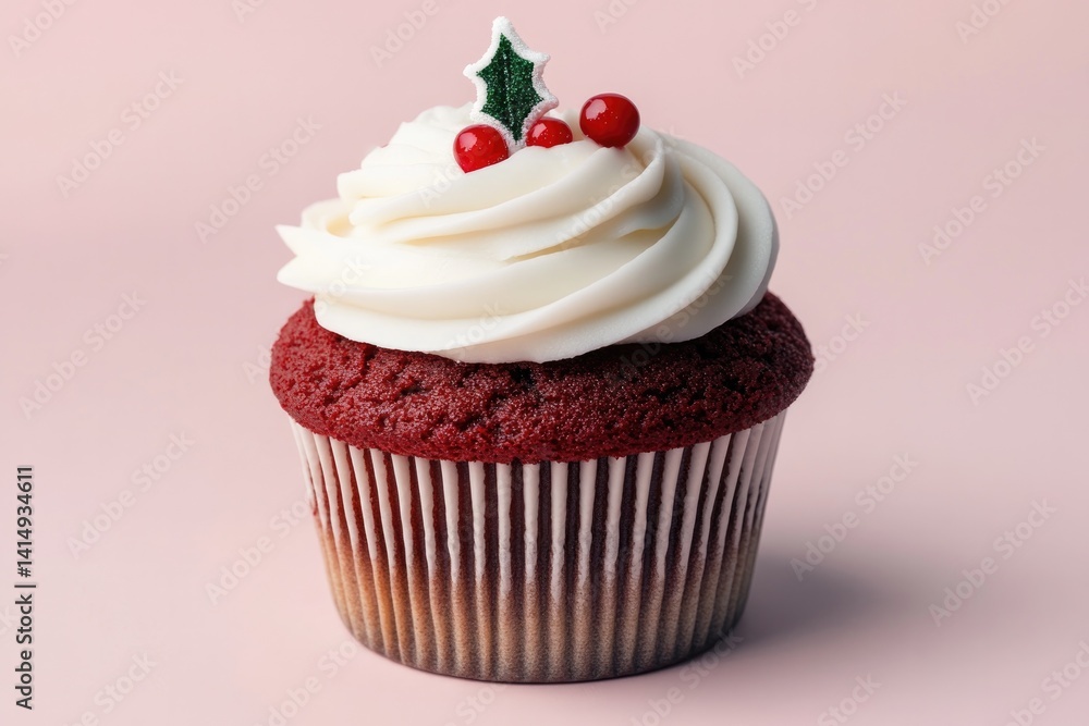 Festive cupcake topped with creamy frosting, decorated with berr Festive cupcake topped with creamy frosting, decorated with berr