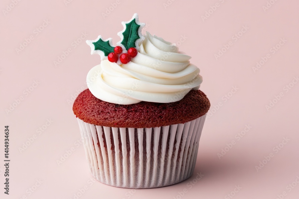 Delicious cupcake topped with creamy frosting and festive holly Delicious cupcake topped with creamy frosting and festive holly
