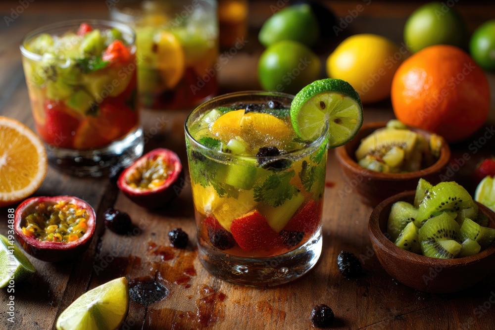 A traditional Brazilian caipirinha cocktail with colorful fruit garnishes A traditional Brazilian caipirinha cocktail with colorful fruit garnishes