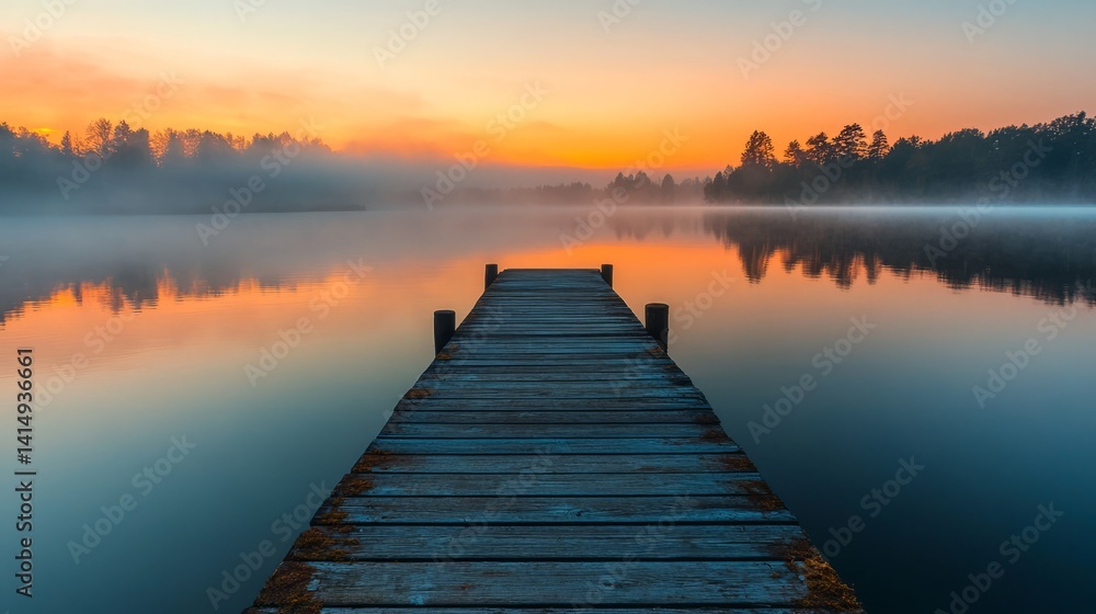As dawn breaks, a rustic wooden pier stretches into still waters, surrounded by mist and trees. The sky glows in shades of orange and pink, creating a tranquil atmosphere perfect for reflection As dawn breaks, a rustic wooden pier stretches into still waters, surrounded by mist and trees. The sky glows in shades of orange and pink, creating a tranquil atmosphere perfect for reflection