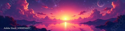 Beautiful sunset with anime-style colorful starry sky, starry sky, sunset