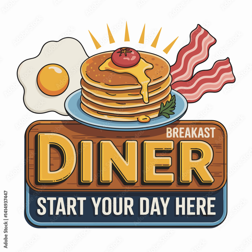 Classic Breakfast Diner Sign with Pancakes and Eggs Classic Breakfast Diner Sign with Pancakes and Eggs