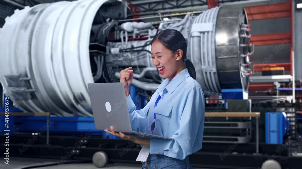 Side View Of Asian Female With Her Laptop With Airplane Engine Maintenance Conducted, Analytics Checking the Turbine, She Raises Her Fist Up With Screaming Goal After Typed On The Laptop Side View Of Asian Female With Her Laptop With Airplane Engine Maintenance Conducted, Analytics Checking the Turbine, She Raises Her Fist Up With Screaming Goal After Typed On The Laptop