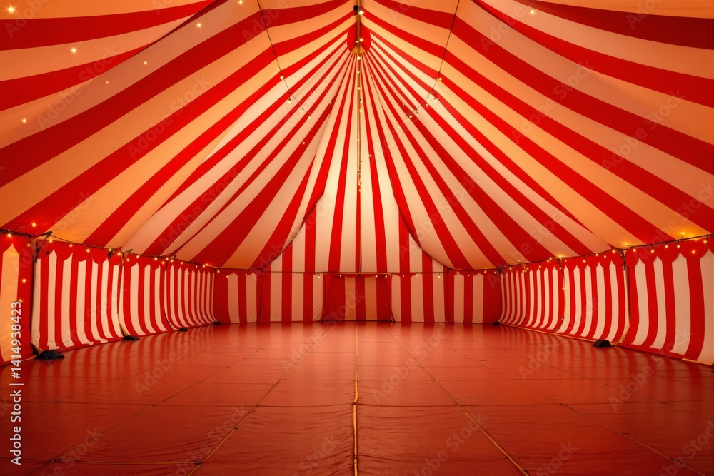 Interior view of a red and white circus tent with striped fabric design, warm lighting, and a wide open layout. Architecture concept. Ai generative