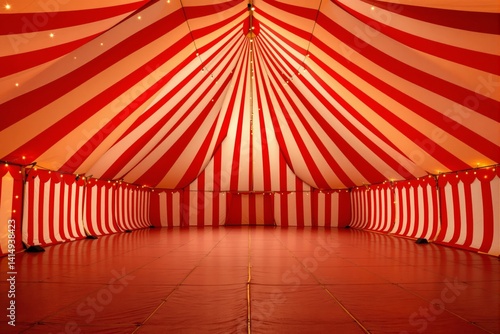 Obraz na płótnie Interior view of a red and white circus tent with striped fabric design, warm lighting, and a wide open layout. Architecture concept. Ai generative w salonie