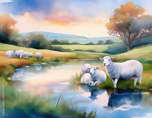 A peaceful watercolor painting of white sheep resting beside still waters, with gentle reflections and soft green pastures stretching into the distance.