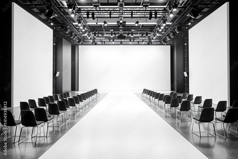 Fashion runway with modern architecture, minimalist style, symmetrical layout, and bright white indoor background, concept of event preparation. Ai generative