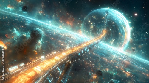 Towering space elevator stretches to orbital ring, glowing with sleek technology, set against a radiant cosmic backdrop of stars and nebulae.

