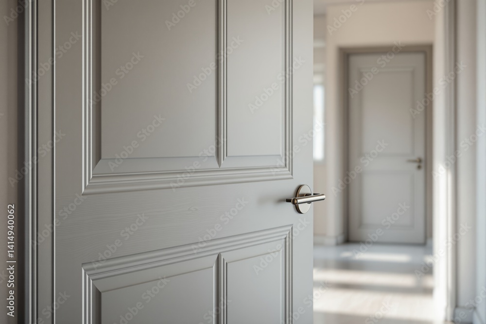 Close-up of an open classic panel door with metallic handle in a bright hallway, soft lighting, elegant architectural style, calm and modern home concept, Ai generative
