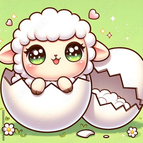 Wallpaper Mural Adorable baby lamb with big sparkling eyes hatching from a cracked egg shell, set against a soft green background with daisies, symbolizing new life and springtime innocence Torontodigital.ca