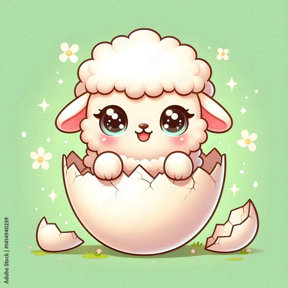 custom made wallpaper toronto digitalAdorable baby lamb with big sparkling eyes hatching from a cracked egg shell, set against a soft green background with daisies, symbolizing new life and springtime innocence