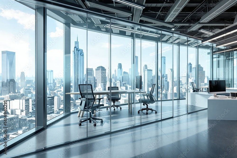 Contemporary office space with ergonomic chairs and desks, minimalistic style, surrounded by glass walls, cityscape background, concept of modern architecture, Ai generative
