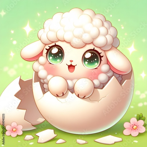 Wallpaper Mural Adorable baby lamb with big sparkling eyes hatching from a cracked egg shell, set against a soft green background with daisies, symbolizing new life and springtime innocence Torontodigital.ca