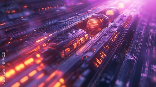 Towering space elevator stretches to orbital ring, glowing with sleek technology, set against a radiant cosmic backdrop of stars and nebulae.