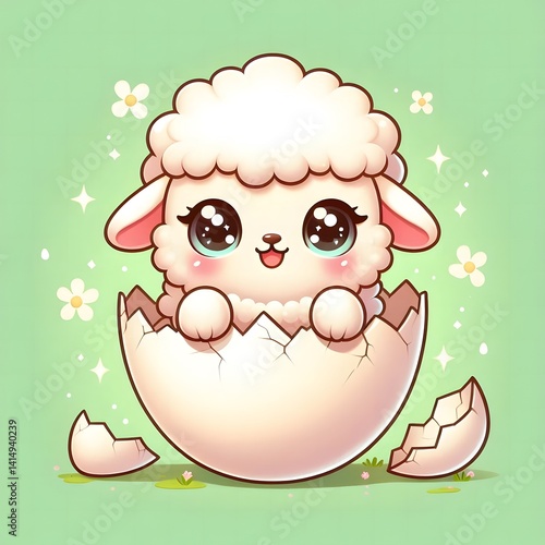 Wallpaper Mural Adorable baby lamb with big sparkling eyes hatching from a cracked egg shell, set against a soft green background with daisies, symbolizing new life and springtime innocence Torontodigital.ca