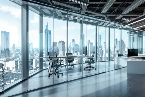 Obraz na płótnie Contemporary office space with ergonomic chairs and desks, minimalistic style, surrounded by glass walls, cityscape background, concept of modern architecture, Ai generative w salonie