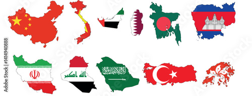 Maps of Asian countries China, Vietnam, UAE, Qatar, Saudi Arabia, Irak, Turkey, Iran, Hong Kong 
