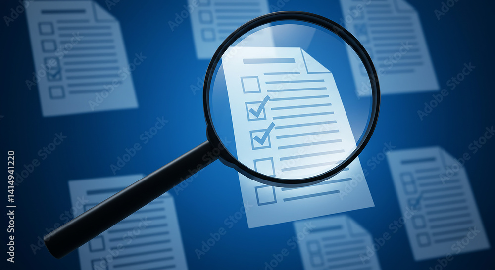 Magnifying Glass on Checklist Document Detailed Review Audit Inspection Concept Magnifying Glass on Checklist Document Detailed Review Audit Inspection Concept