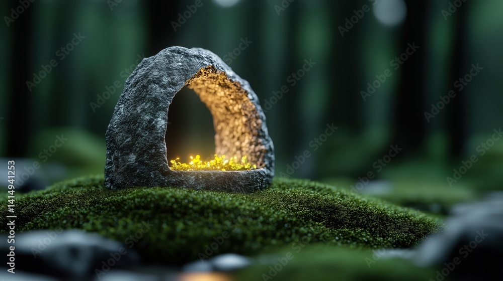 Mysterious glowing stone structure surrounded by moss in an enchanting forest setting