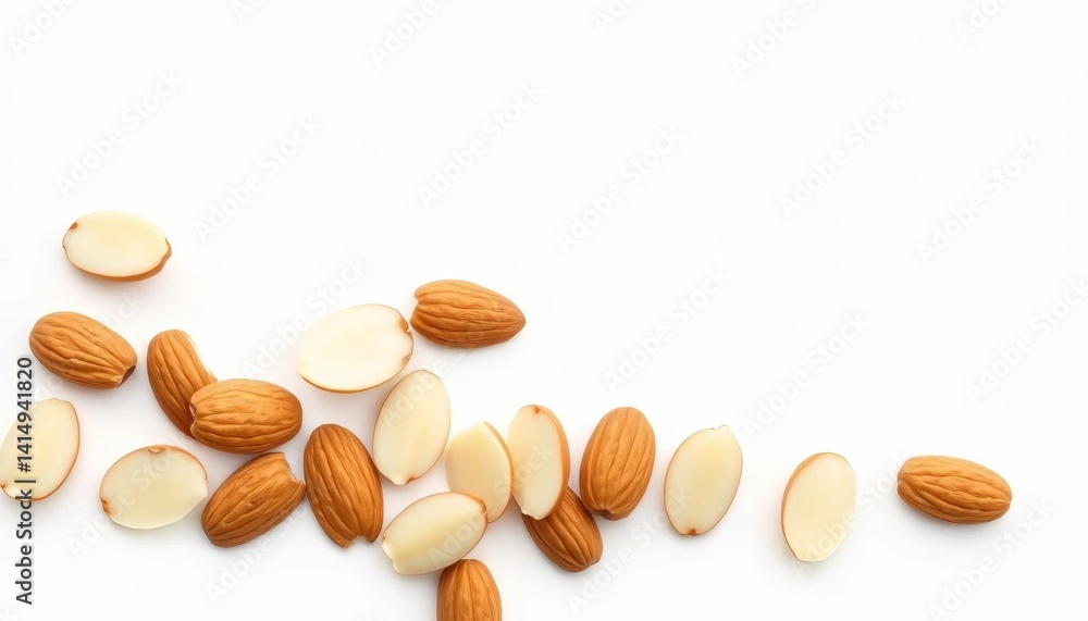 Obraz premium Blanched almond slices arranged on a pristine white background; perfect for culinary or health-related projects, commercial use, isolated