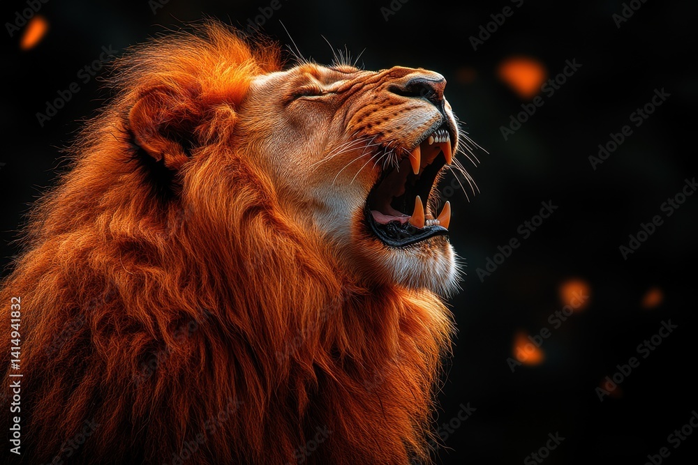 Naklejka premium Majestic lion roaring in the wild under soft autumn light at dusk